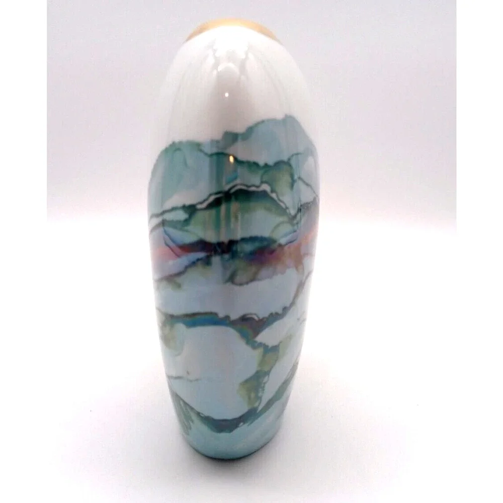 Pottery Watercolor Vase Luster Ware Gold Rim Abstract Ceramic Green Oval Narrow